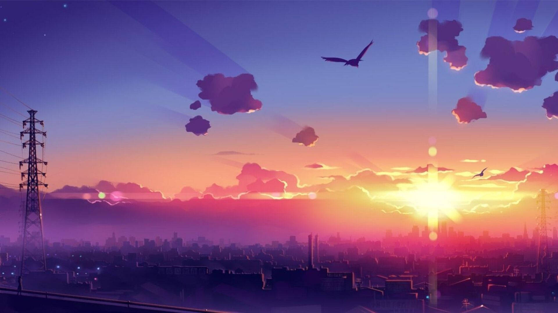 Orange Sunset, anime-style, cityscape, Full HD Desktop Wallpaper