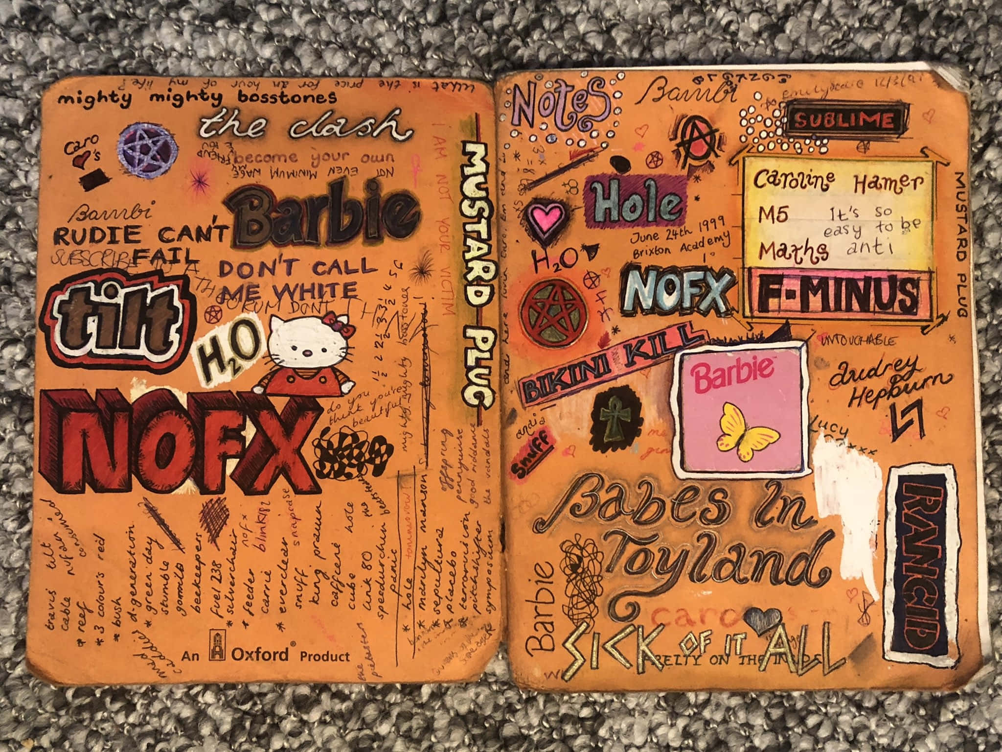 vintage orange notebooks, punk band stickers, handwritten lyrics, Full HD Desktop Wallpaper