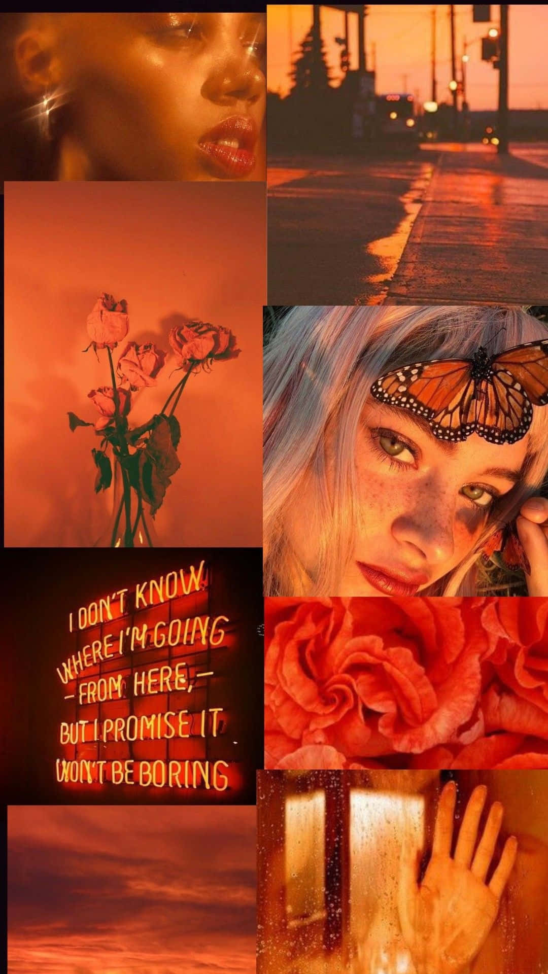 Orange Grunge Aesthetic, roses, woman with a butterfly, Full HD Phone Wallpaper