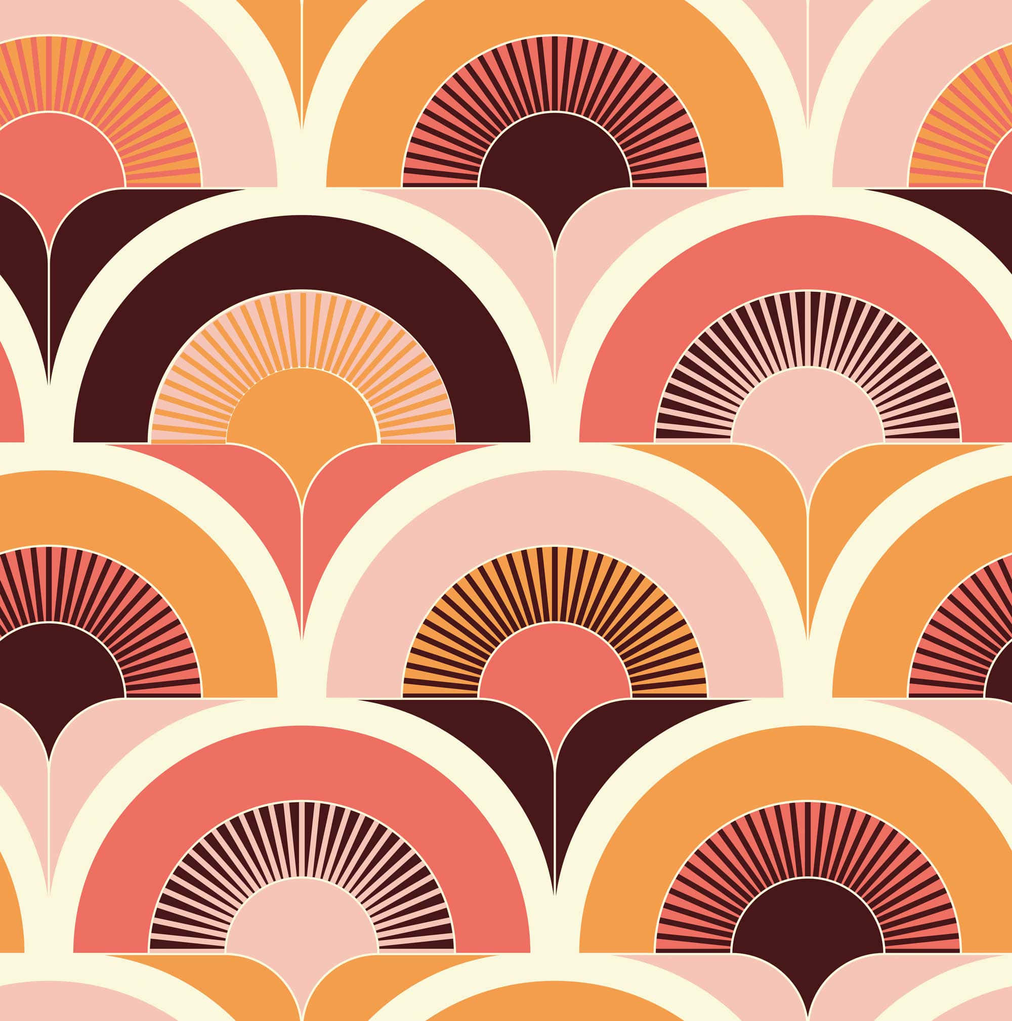 groovy retro, fan-shaped motifs, coral peach, Full HD Phone Wallpaper