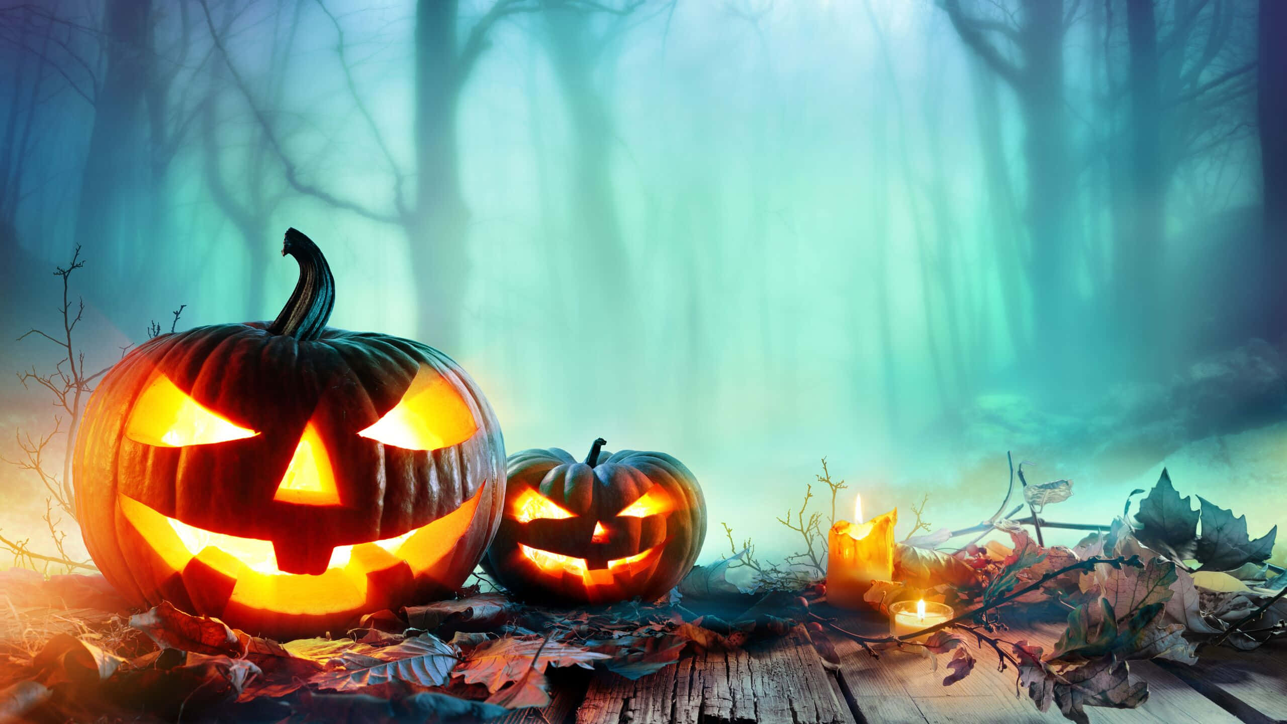 orange Halloween, jack-o'-lanterns, fiery eyes, 2K Desktop Wallpaper