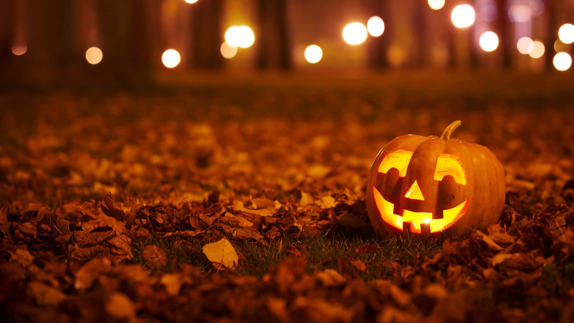 orange Halloween, jack-o'-lantern, autumn leaves, Full HD Desktop Wallpaper