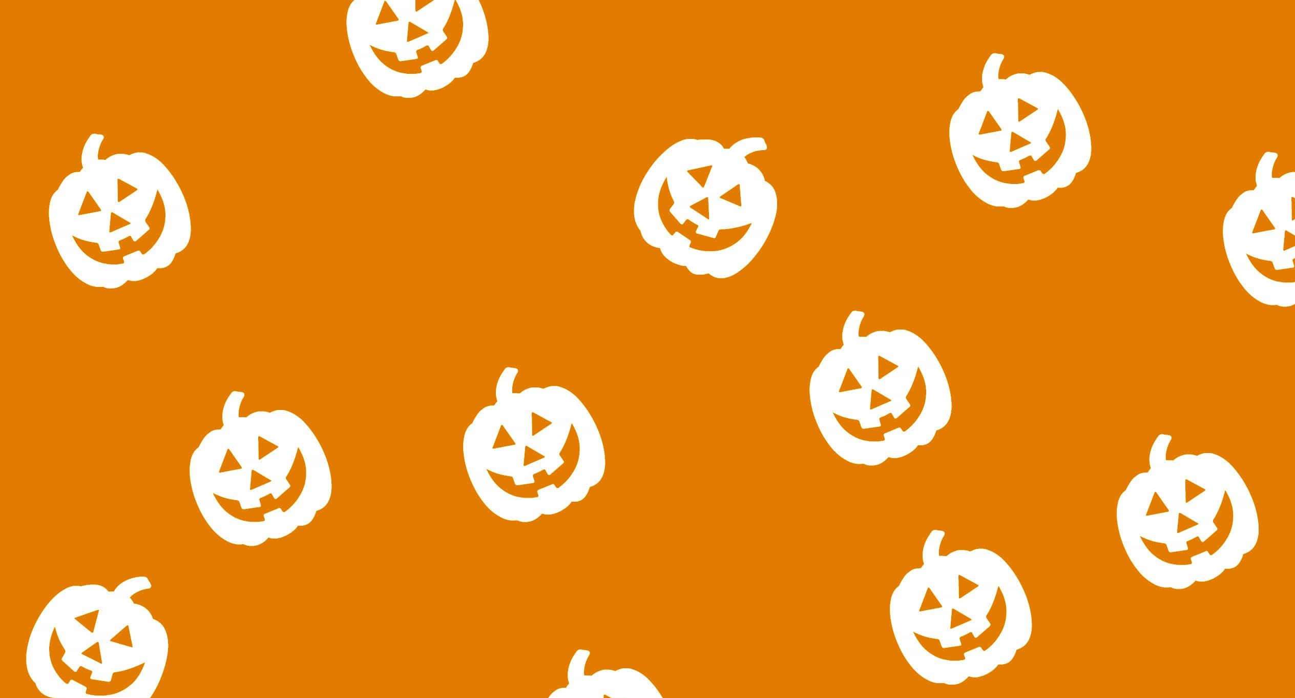 orange background, white jack-o'-lantern silhouettes, Halloween pattern, Full HD Desktop Wallpaper