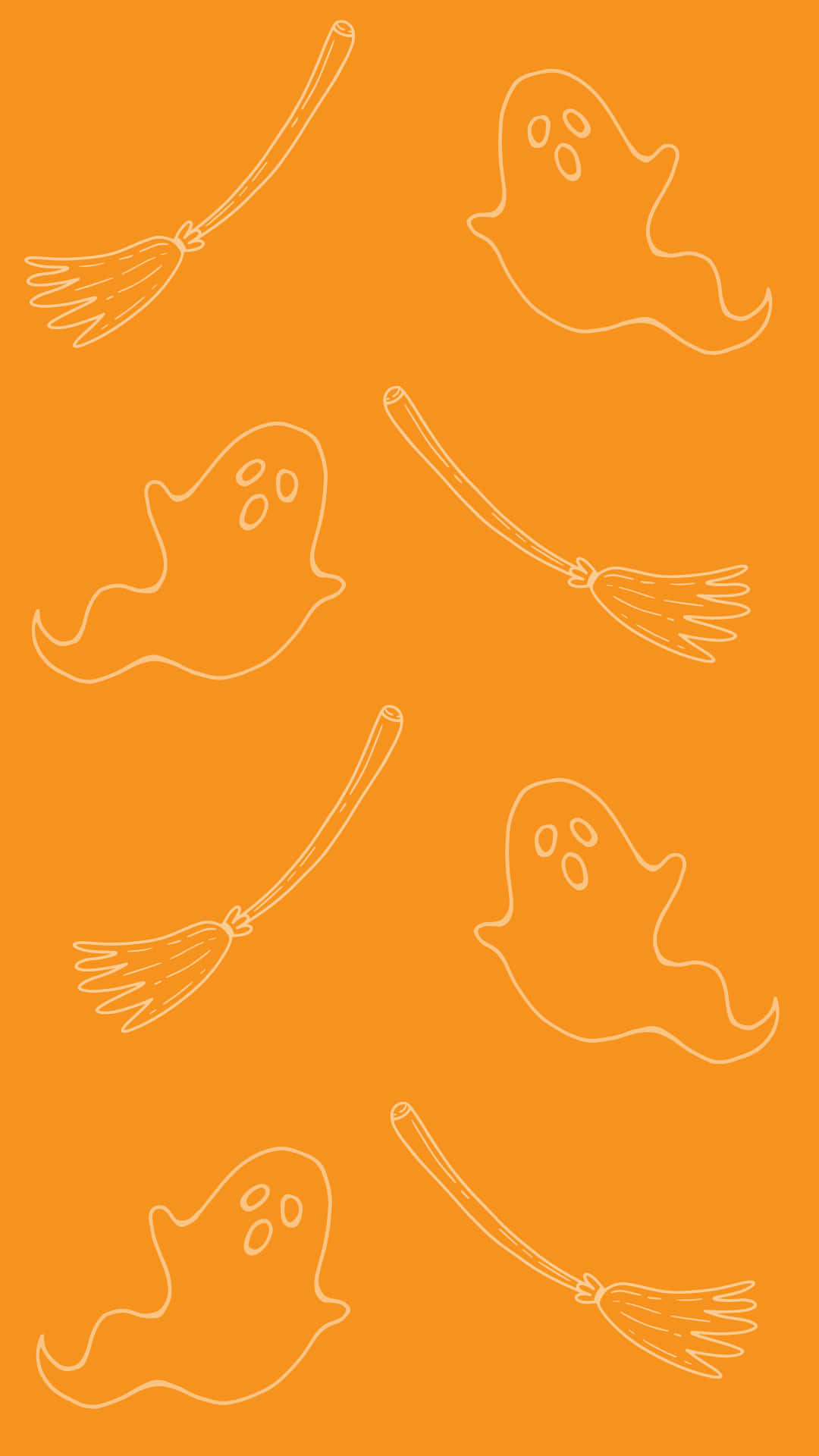 Orange Halloween, white outlined ghosts, brooms, Full HD Phone Wallpaper