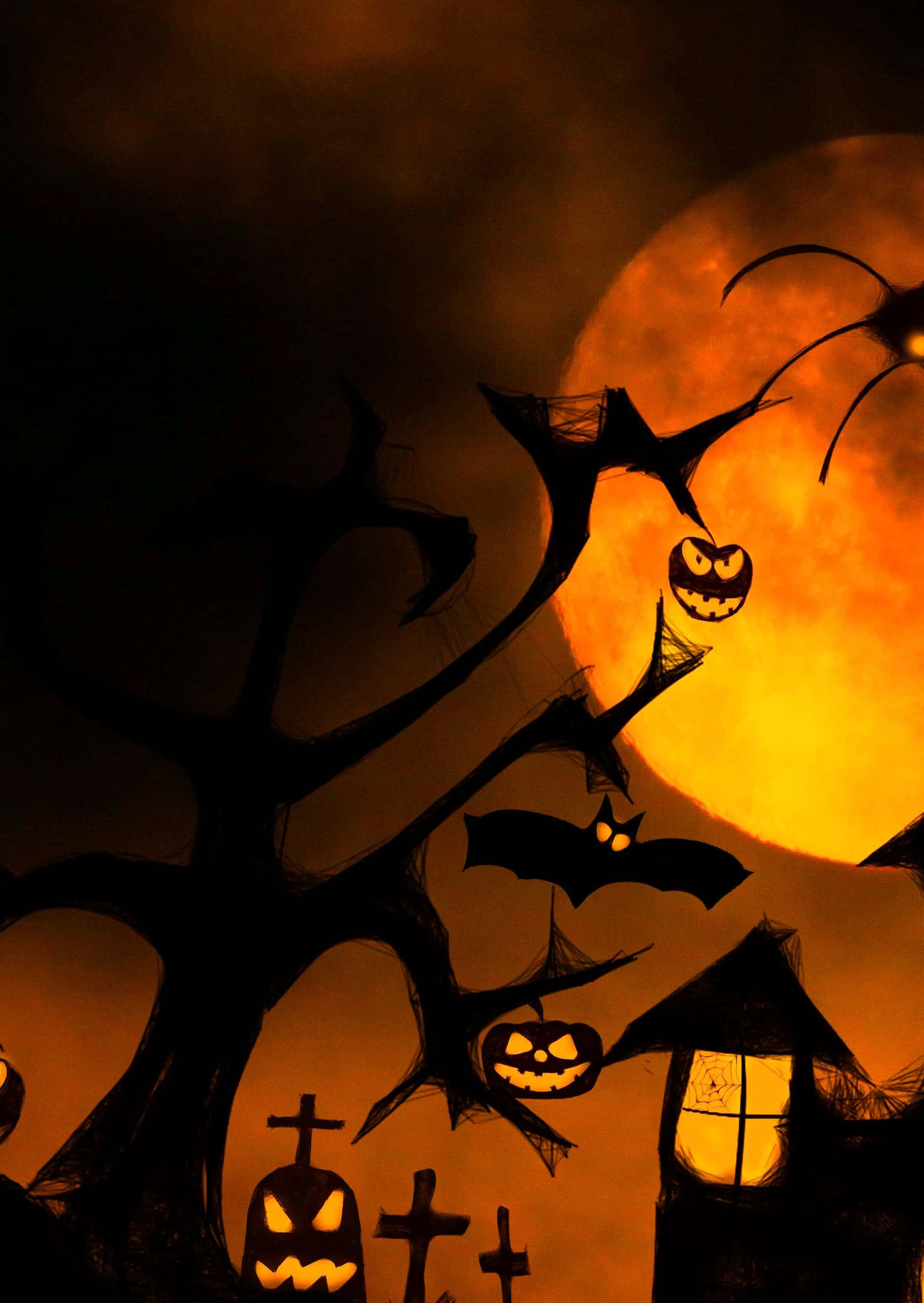 jack-o-lanterns, bats, crosses, 2K Phone Wallpaper