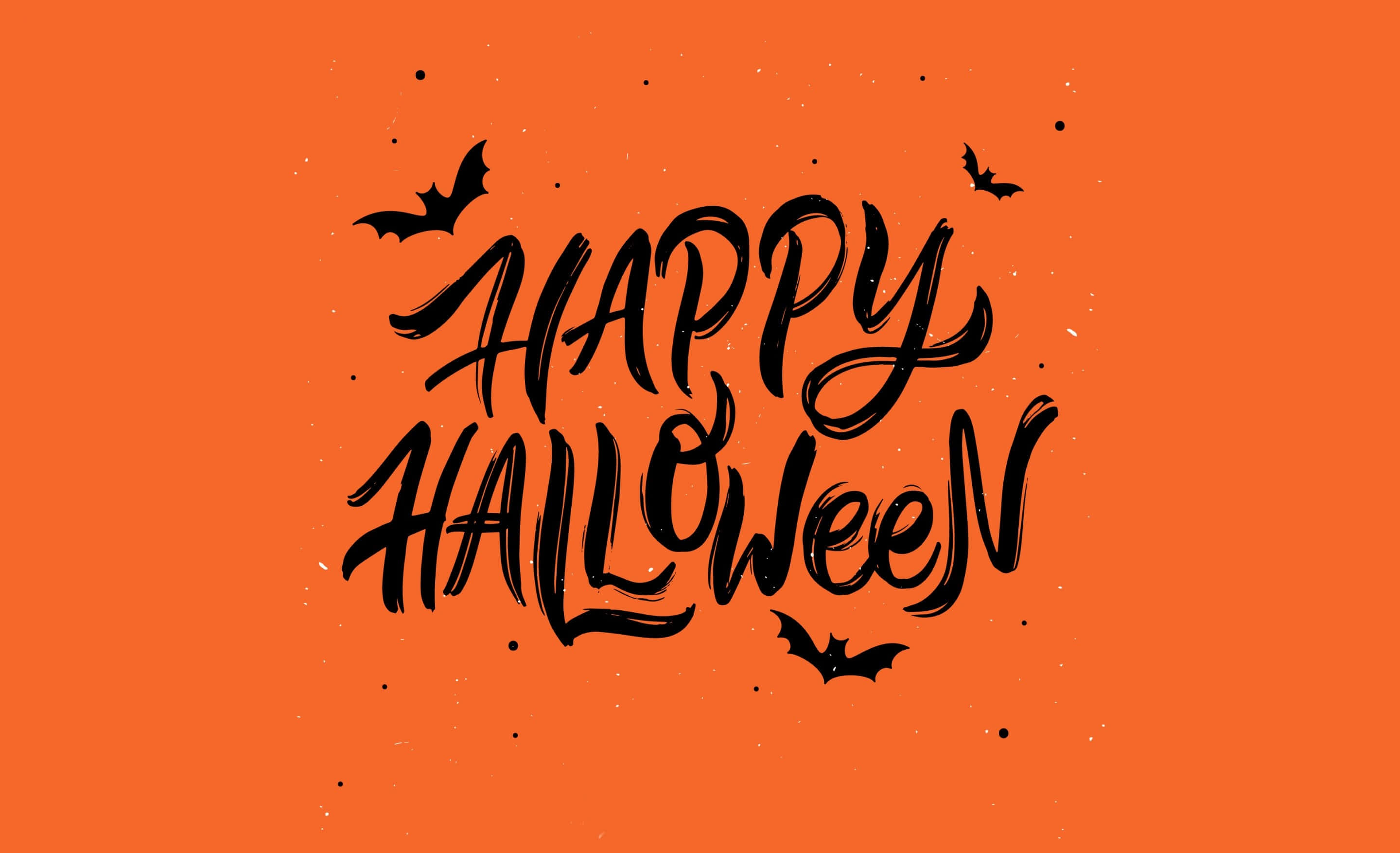 HAPPY HALLOWEEN, flying bats, textured orange background, 2K Desktop Wallpaper