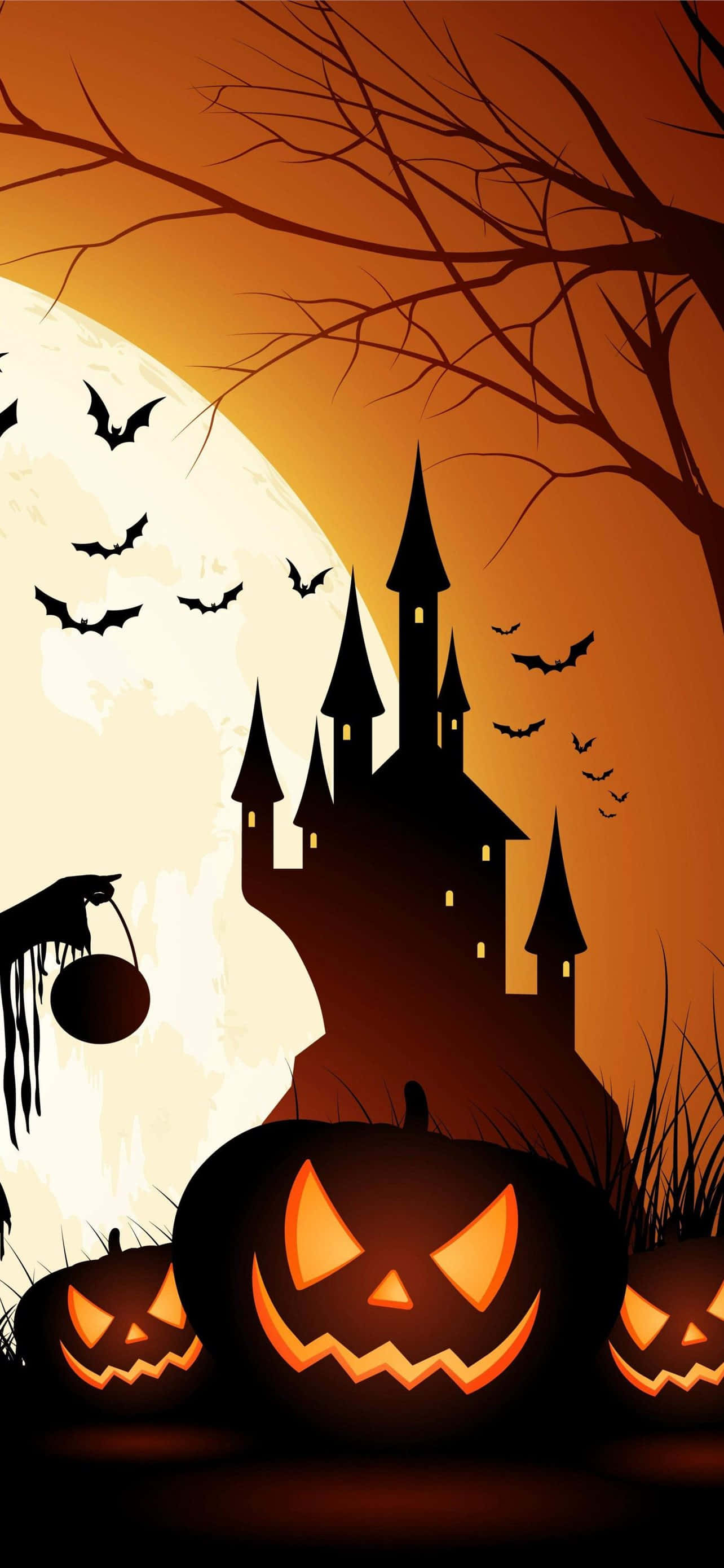 orange halloween, jack-o-lanterns, spooky castle, 2K Phone Wallpaper