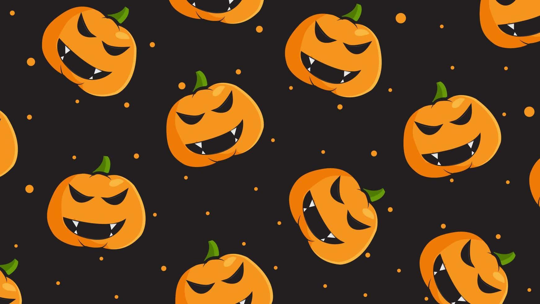 orange cartoon jack-o-lanterns, sharp teeth, green stems, HD Desktop Wallpaper