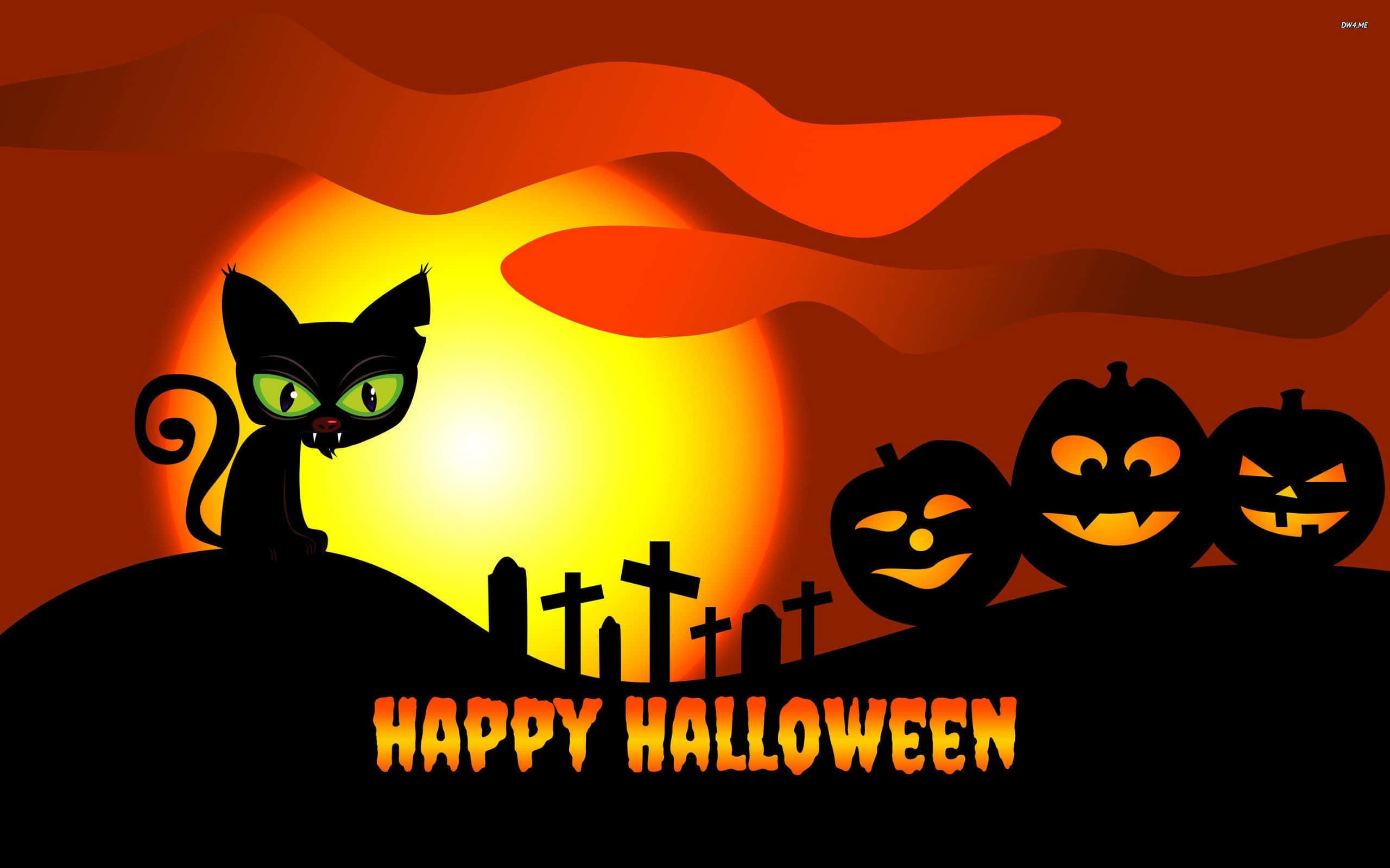 black cat, glowing green eyes, jack-o'-lanterns, 2K Desktop Wallpaper
