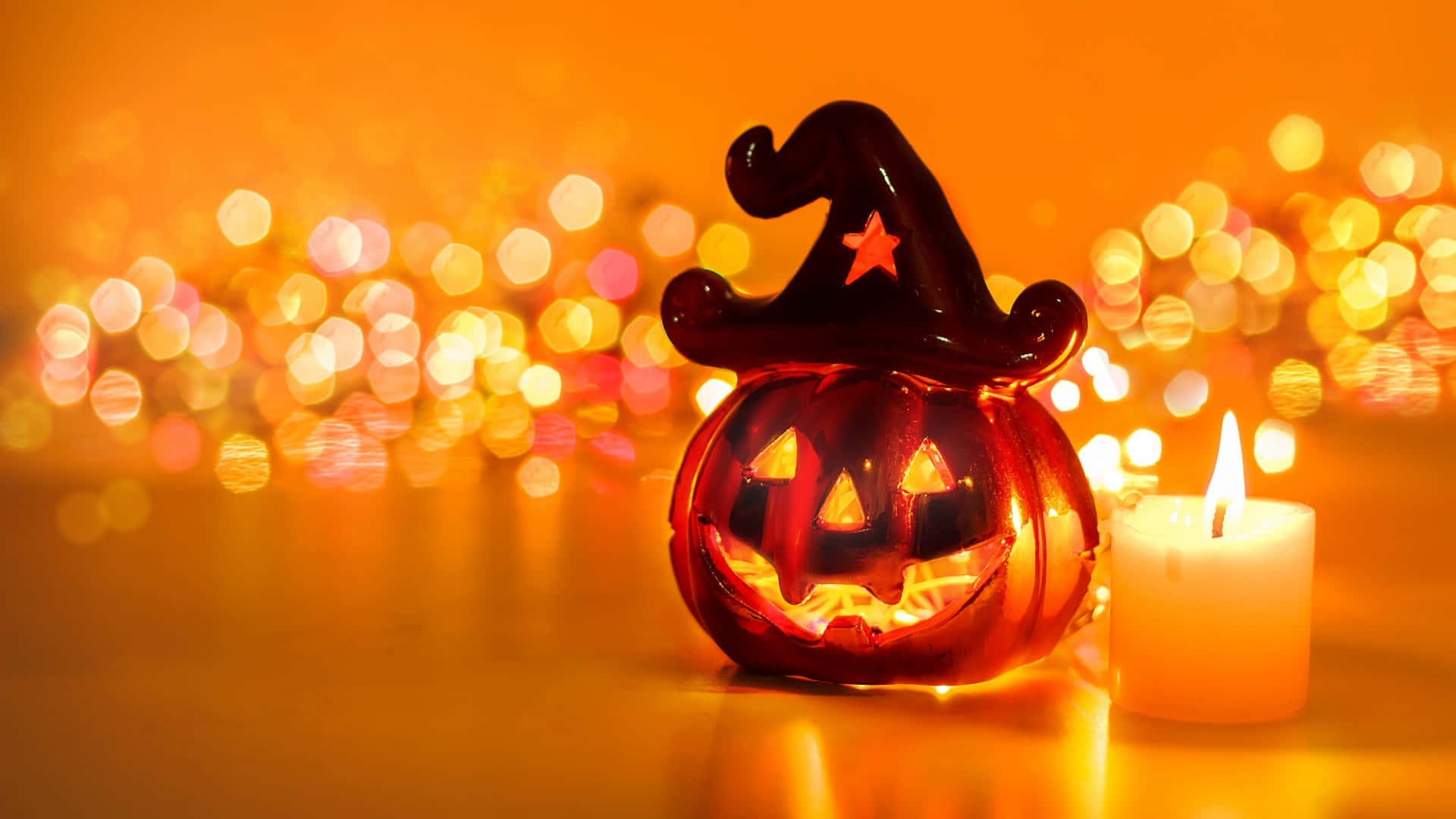 jack-o'-lantern, witch hat, candle, Full HD Desktop Wallpaper