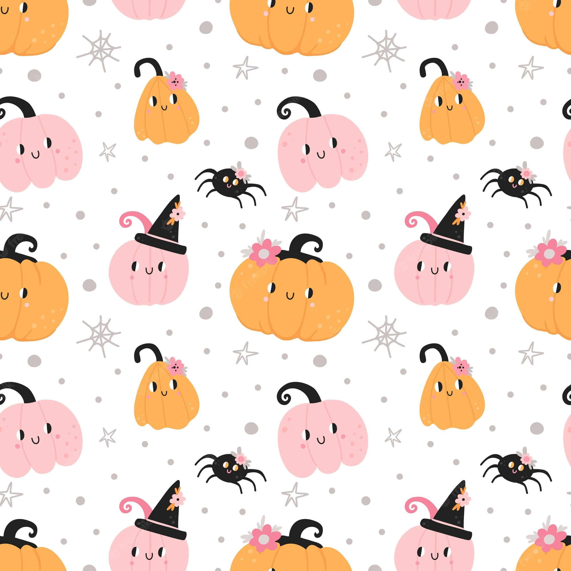 kawaii pumpkins, spiders with flowers, witch hats, Full HD Desktop Wallpaper