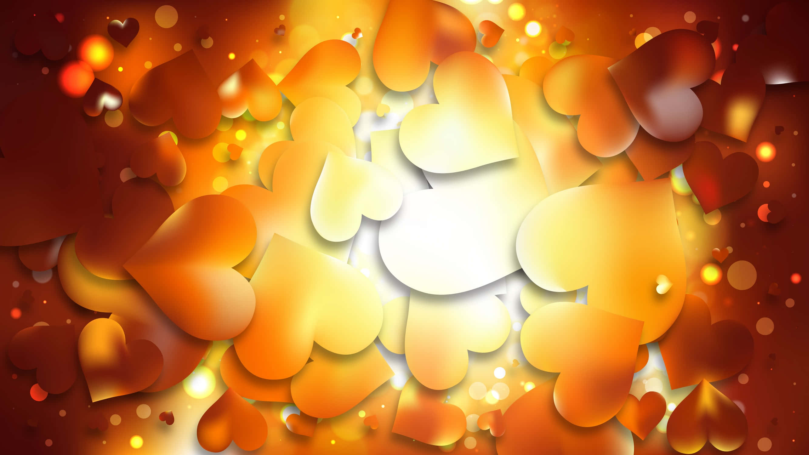 Orange Heart, glowing orange, yellow hearts, 2K Desktop Wallpaper