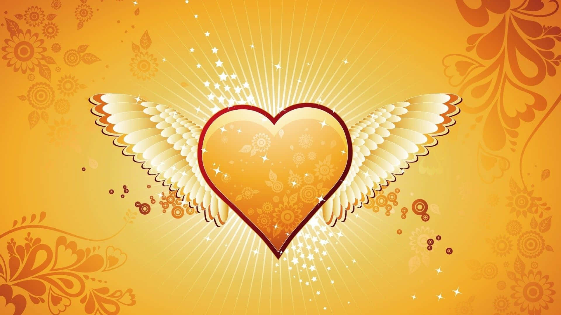 Orange Heart, golden heart, wings, Full HD Desktop Wallpaper
