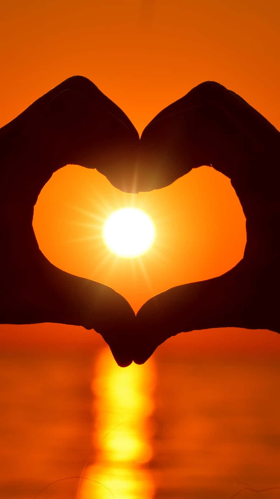 Orange Heart, glowing sun, calm water surface, HD Phone Wallpaper