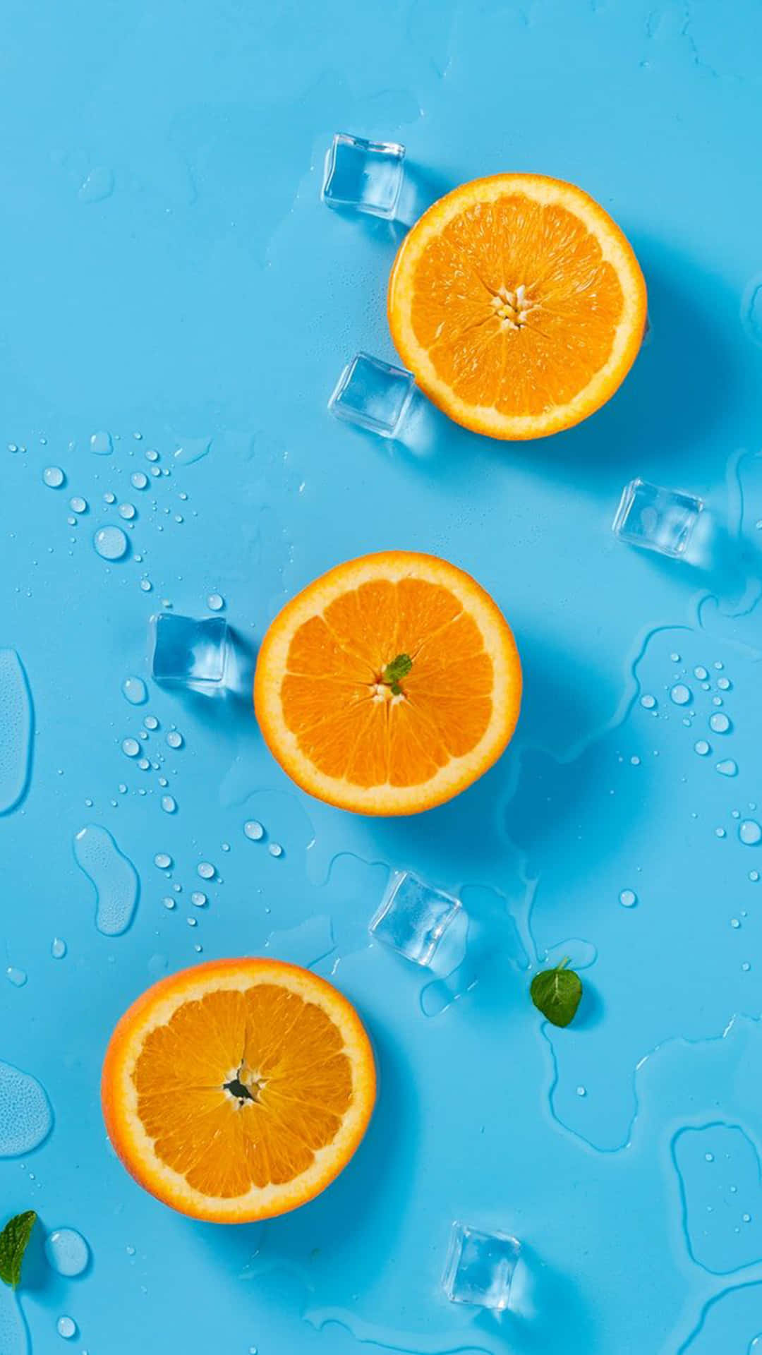 orange iPhone, blue surface, ice cubes, Full HD Phone Wallpaper