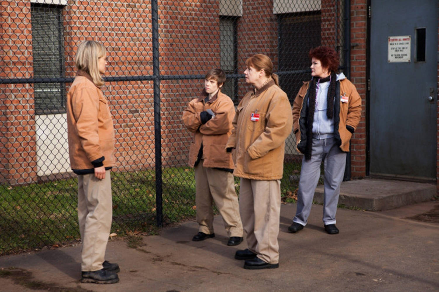 Orange is the new black, prison uniforms, brick building, HD Desktop Wallpaper