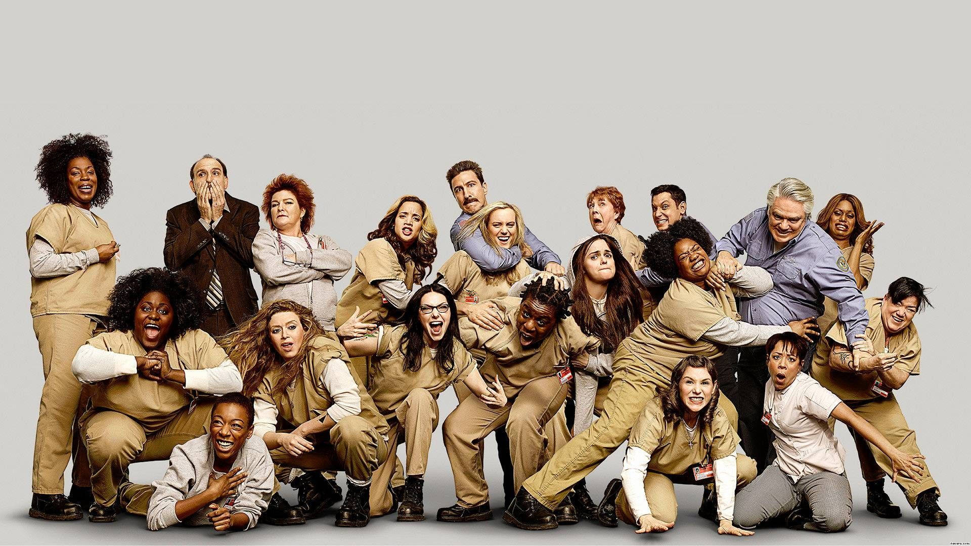 Orange is the new black, beige prison uniforms, plain gray background, Full HD Desktop Wallpaper