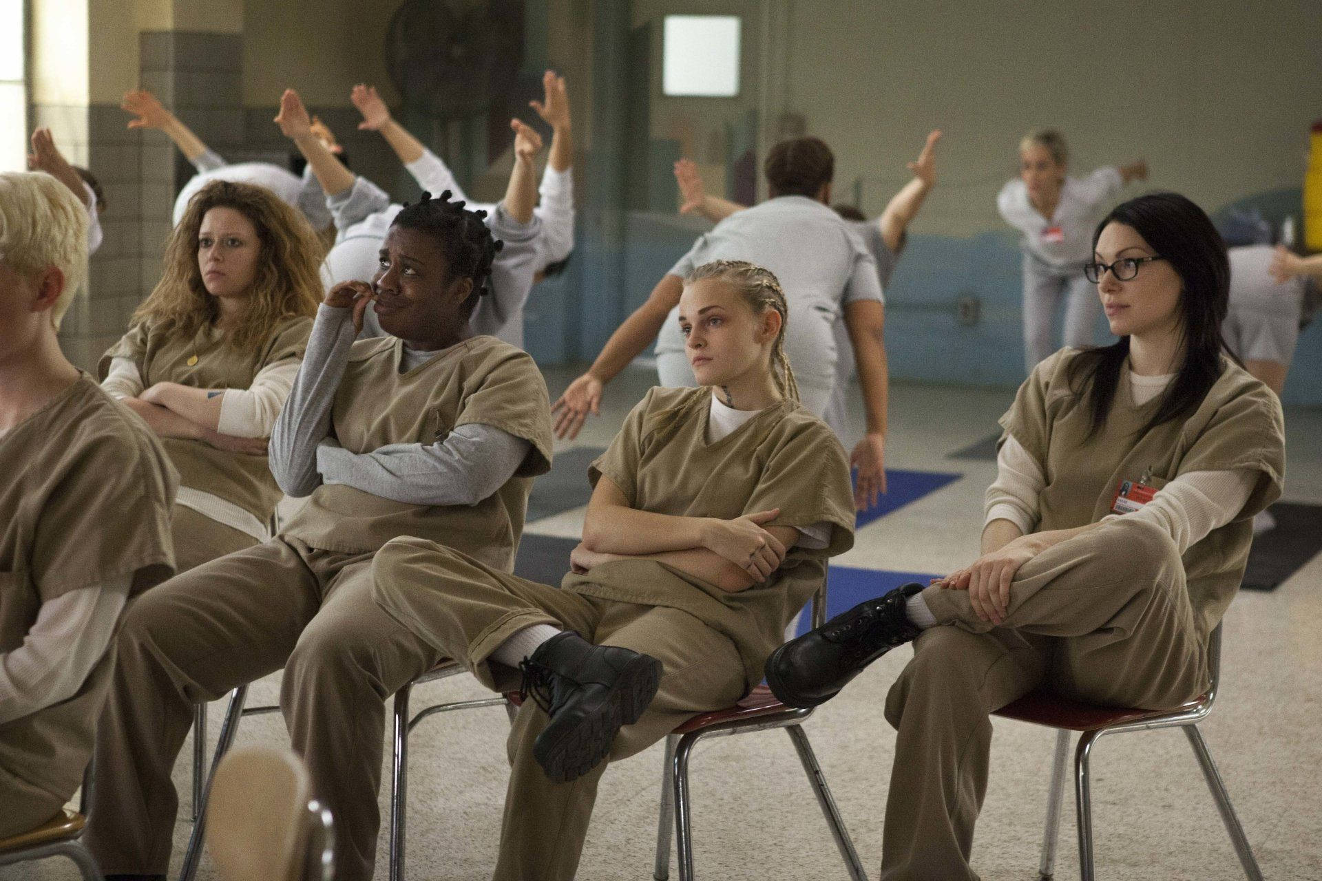 Orange is the new black, beige uniforms, metal chairs, Full HD Desktop Wallpaper