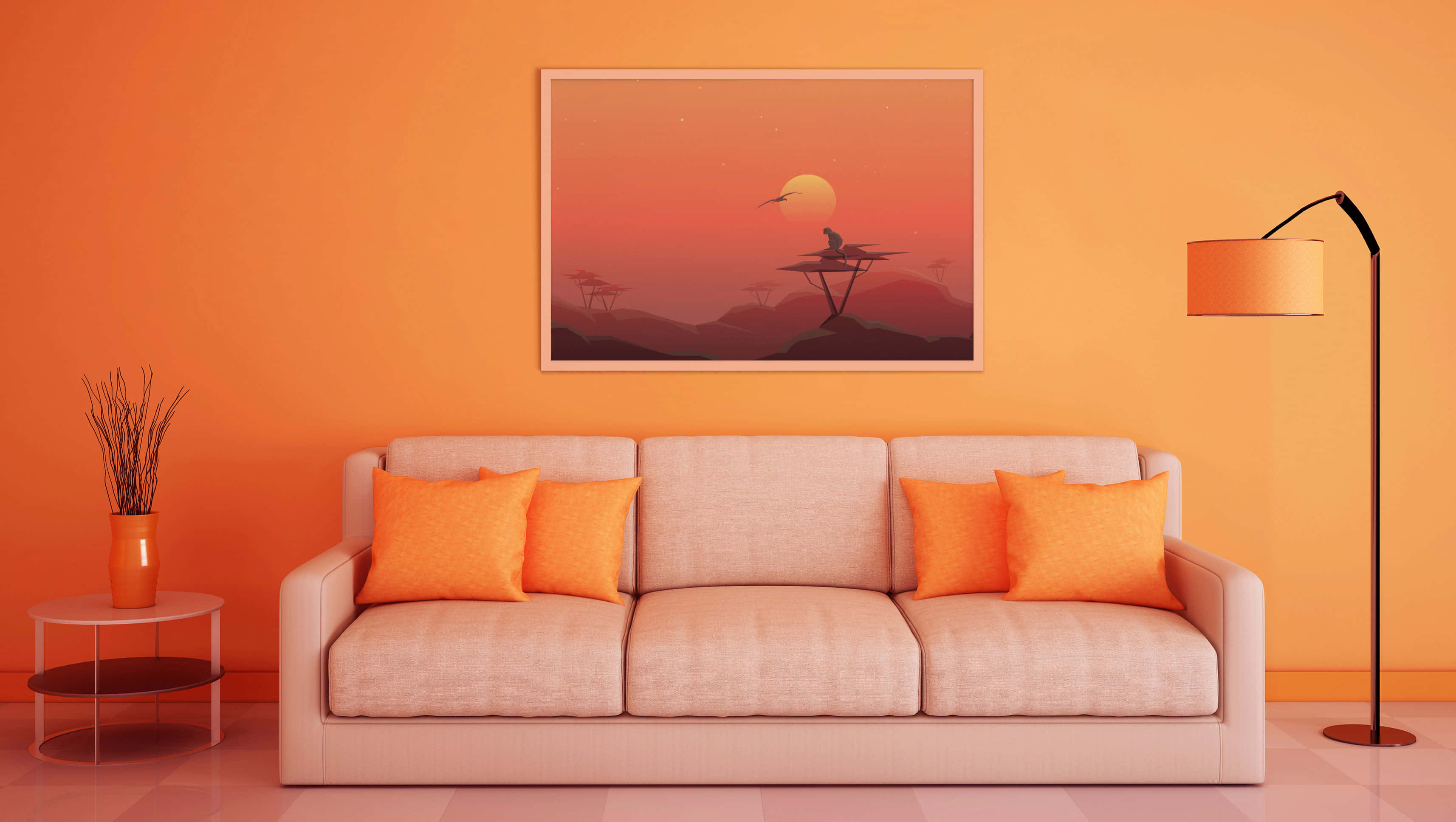 beige sofa, orange pillows, warm orange room, 2K Desktop Wallpaper