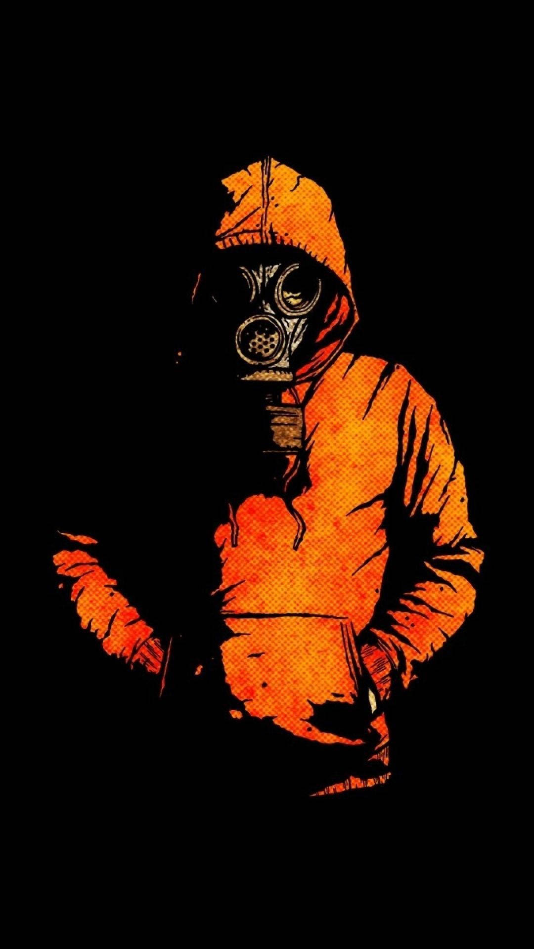 orange phone, hooded jacket, gas mask, Full HD Phone Wallpaper