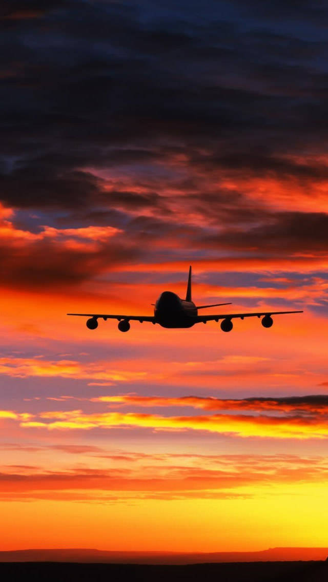 Airplane Silhouette, Orange Phone, Fiery sunset, SD Phone Wallpaper