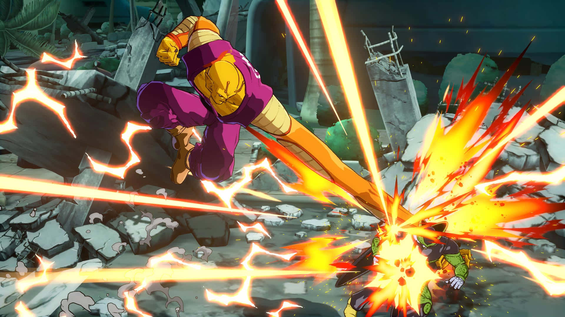 Orange Piccolo, Purple and yellow anime warrior, Shattered ruin, Full HD Desktop Wallpaper