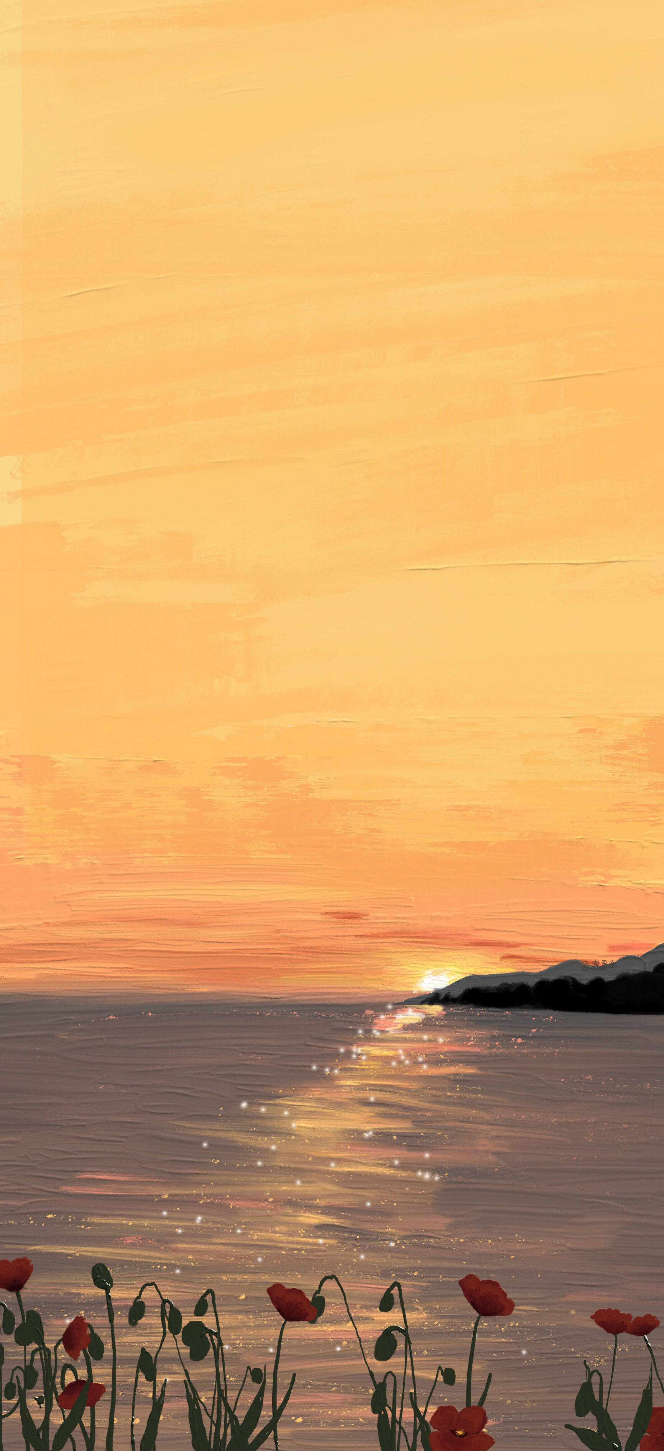 Orange Floral, Sunset, calm water, 4K Phone Wallpaper