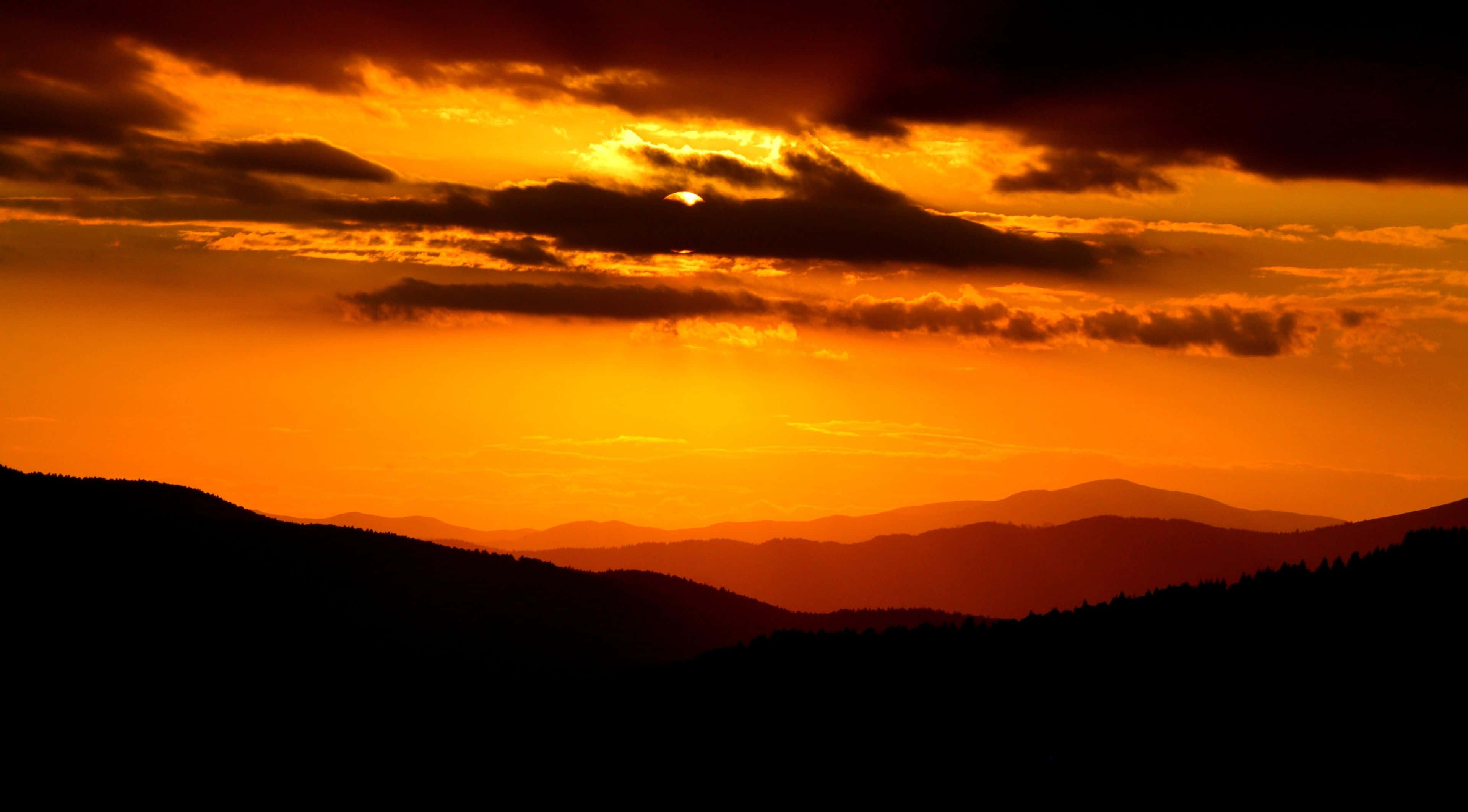 Orange Sunset, fiery orange sunset, dark clouds, 4K Desktop Wallpaper