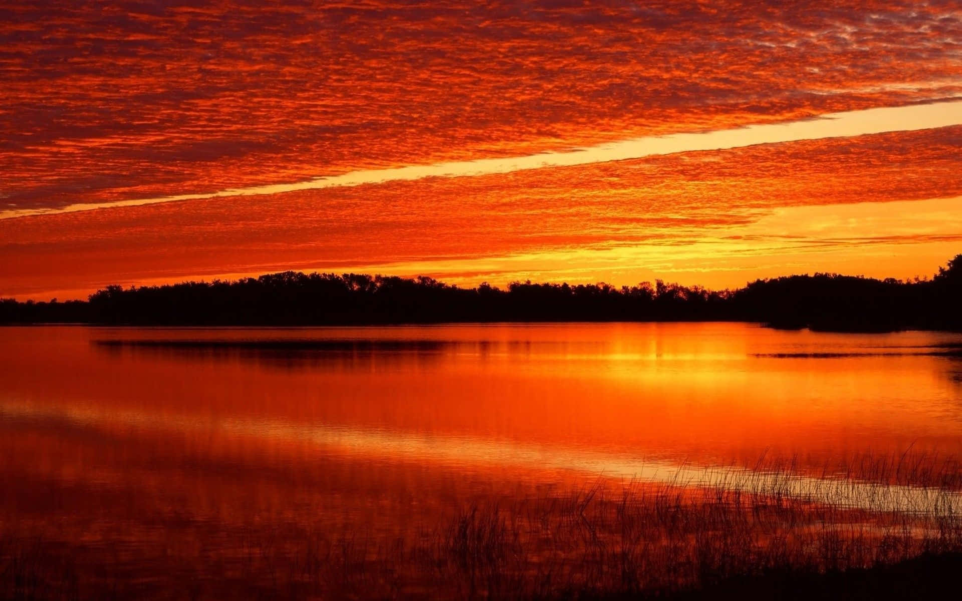 Orange Sunset, fiery orange sunset, calm lake, Full HD Desktop Wallpaper