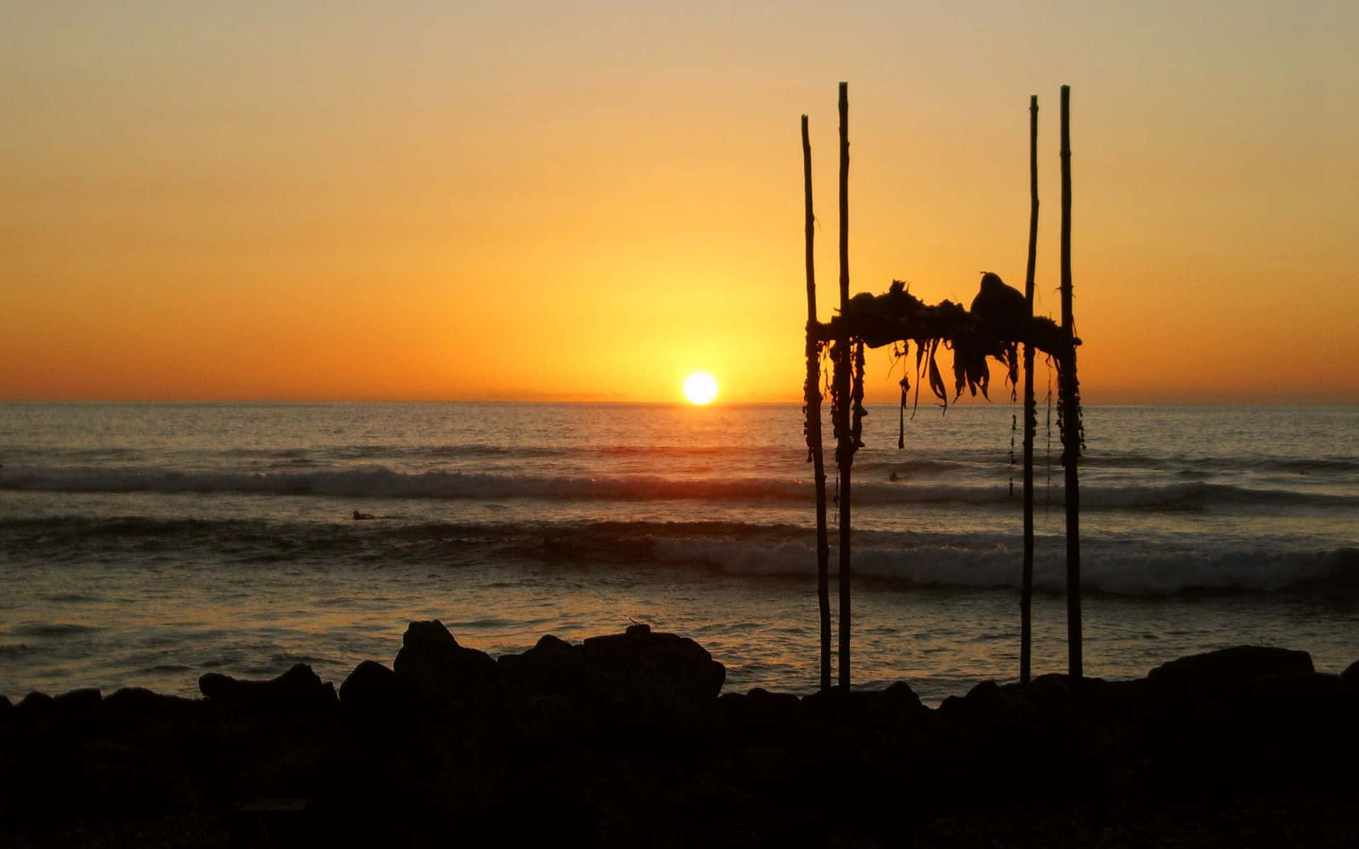 Orange Sunset, wooden shrine, rocky shore, Full HD Desktop Wallpaper