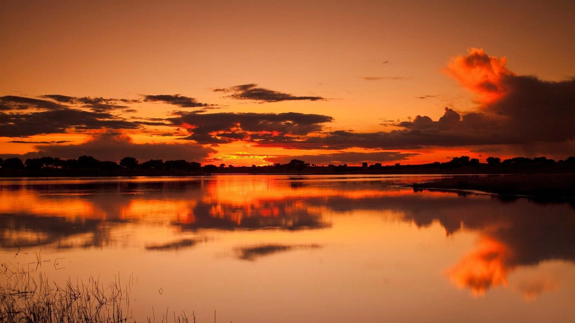 Orange Sunset, calm lake, fiery orange clouds, Full HD Desktop Wallpaper