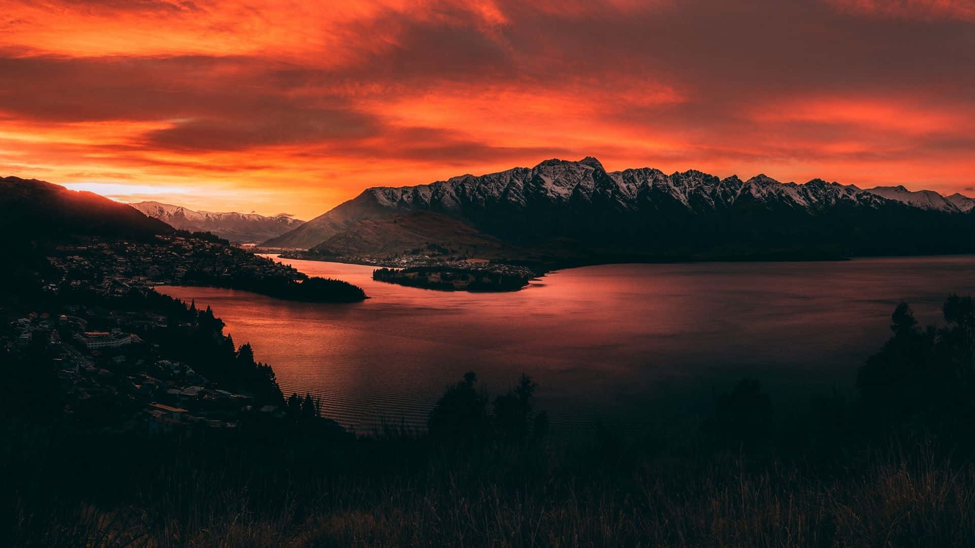 orange sunset, horizon, calm lake, Full HD Desktop Wallpaper