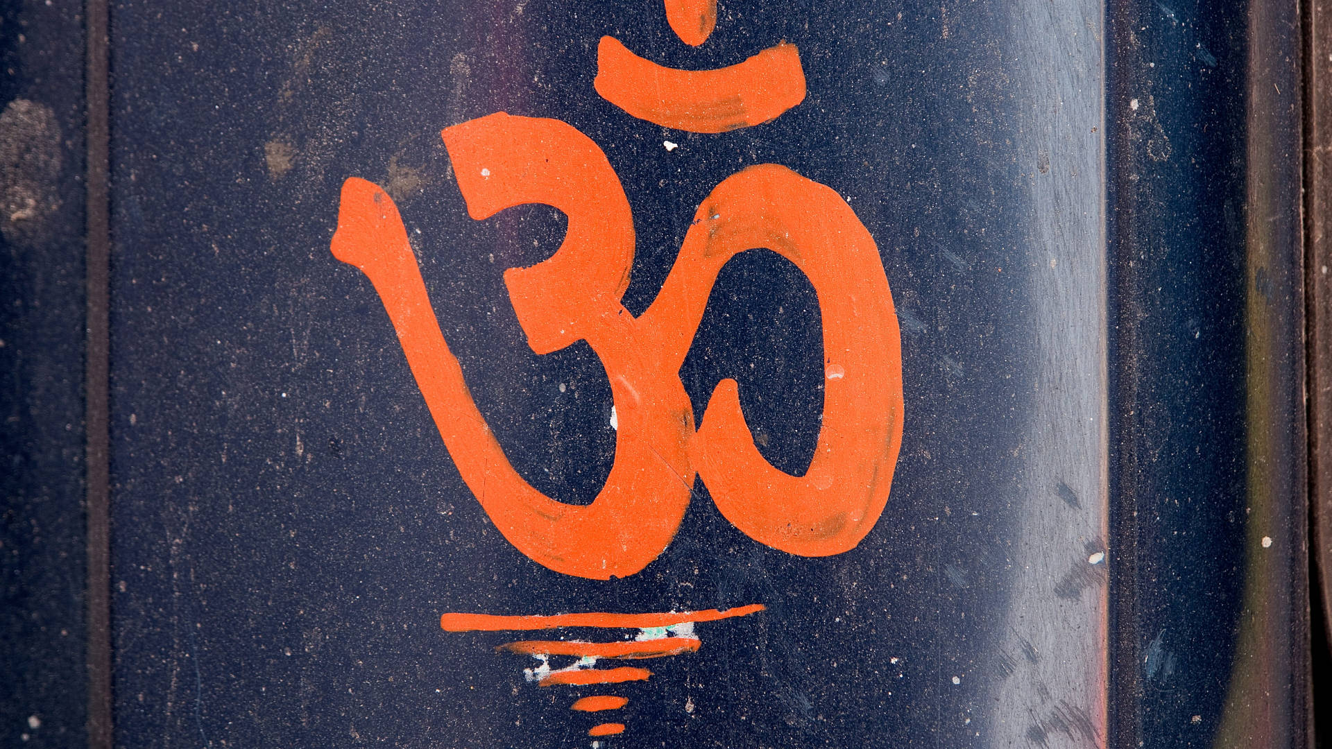 Om symbol, orange, dark blue metal surface, Full HD Desktop Wallpaper