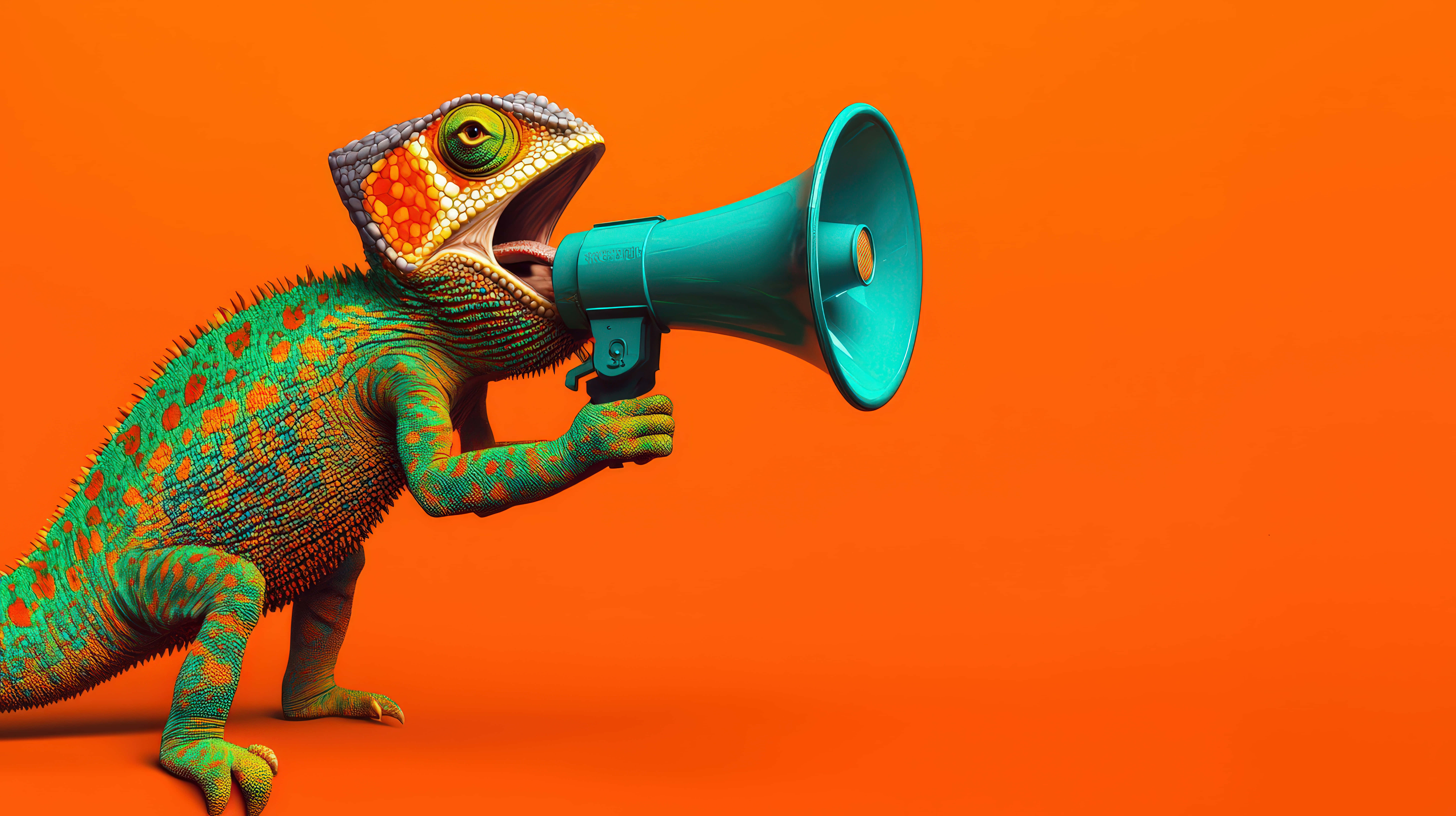 vibrant green chameleon, orange spots, teal megaphone, 8K Desktop Wallpaper