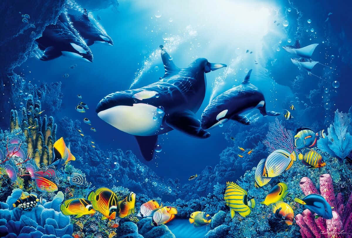 orcas, pod, vibrant coral reef, SD Desktop Wallpaper
