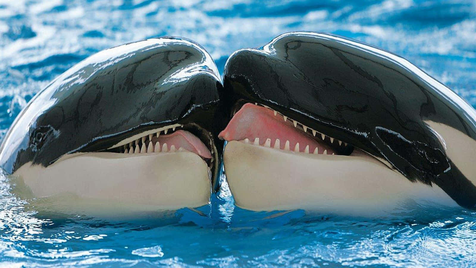 orcas, black and white markings, bright blue water, HD Desktop Wallpaper
