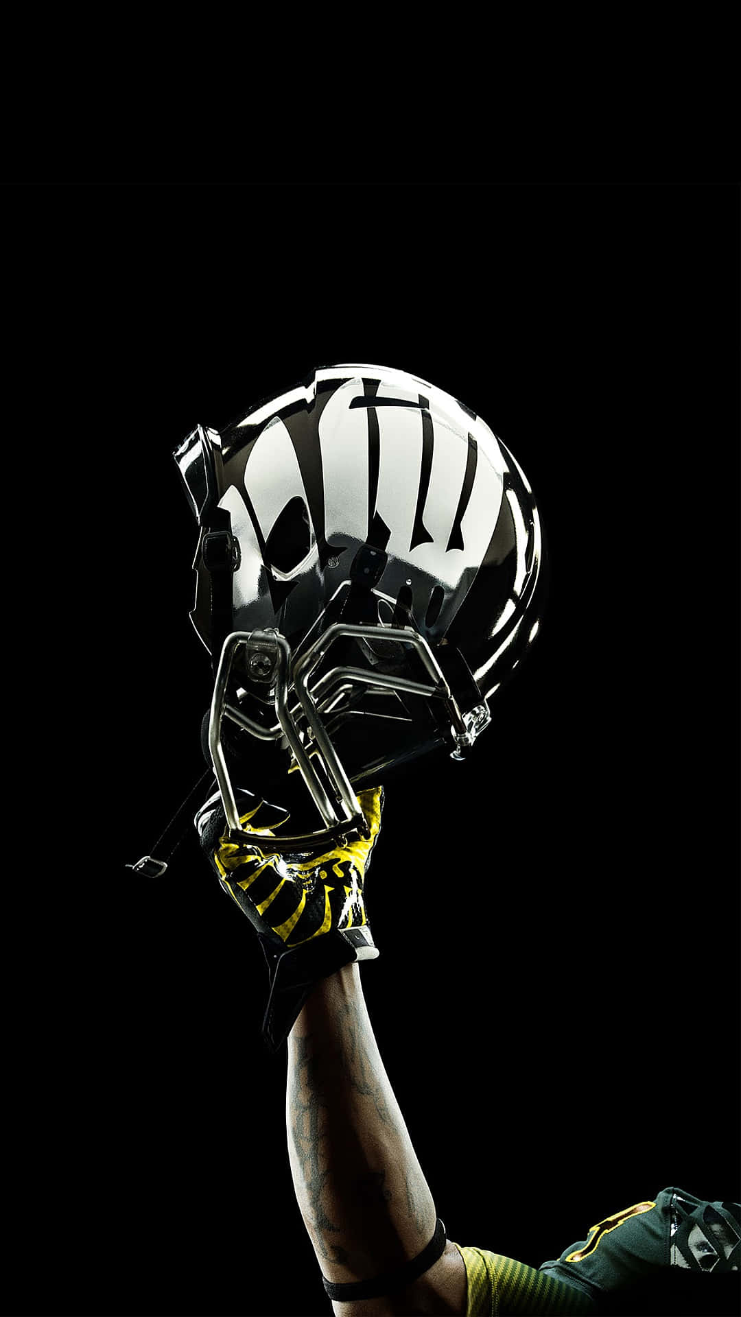 Oregon Ducks, yellow glove, black and white football helmet, Full HD Phone Wallpaper