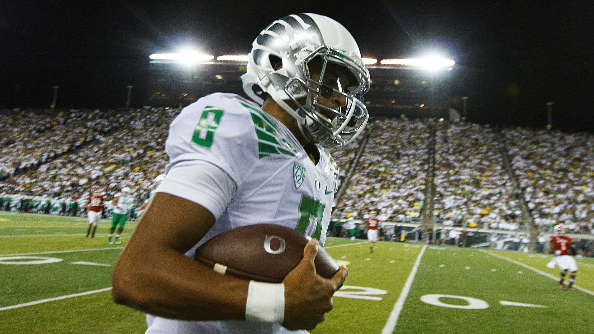 Oregon Ducks, white and green uniform, stadium lights, Full HD Desktop Wallpaper