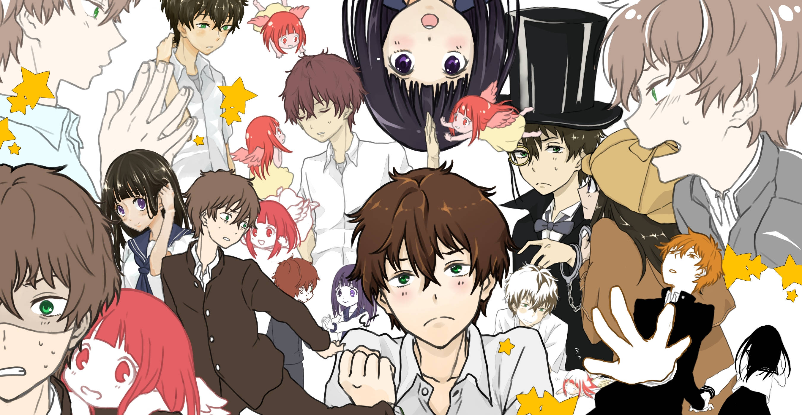 Oreki Houtarou, anime collage, expressive faces, 2K Desktop Wallpaper