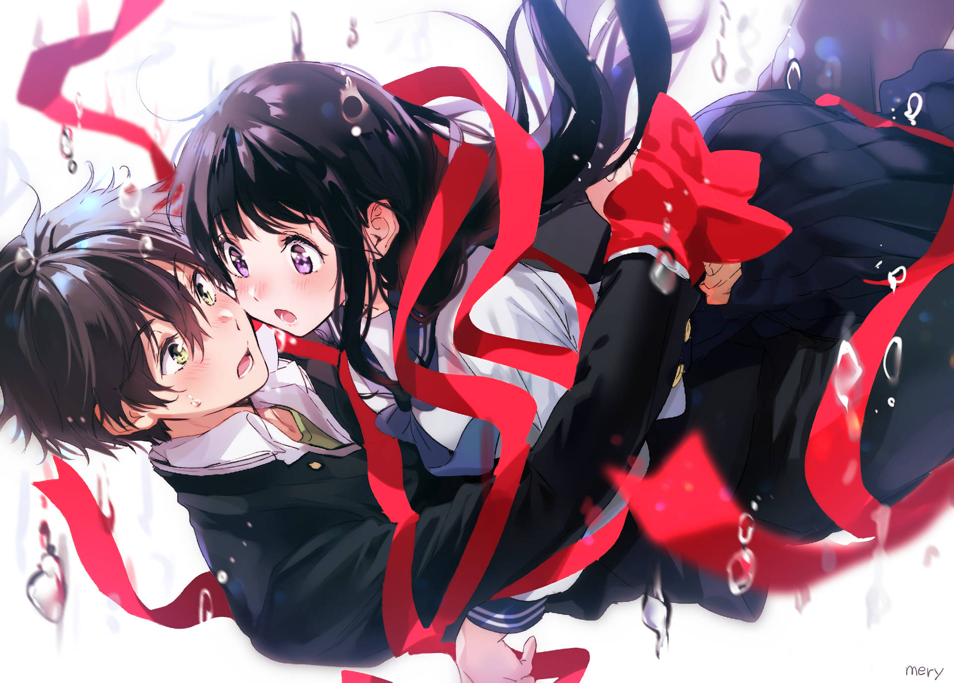 Oreki Houtarou, school uniforms, swirling red ribbons, Full HD Desktop Wallpaper