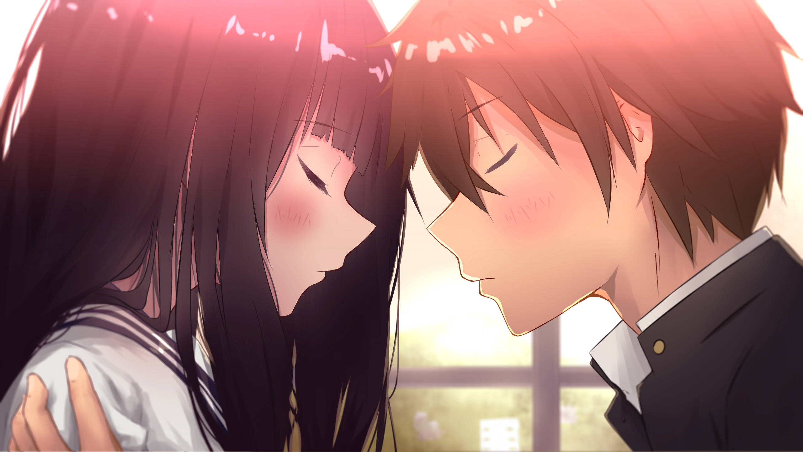 Oreki Houtarou, school uniforms, flushed cheeks, 2K Desktop Wallpaper