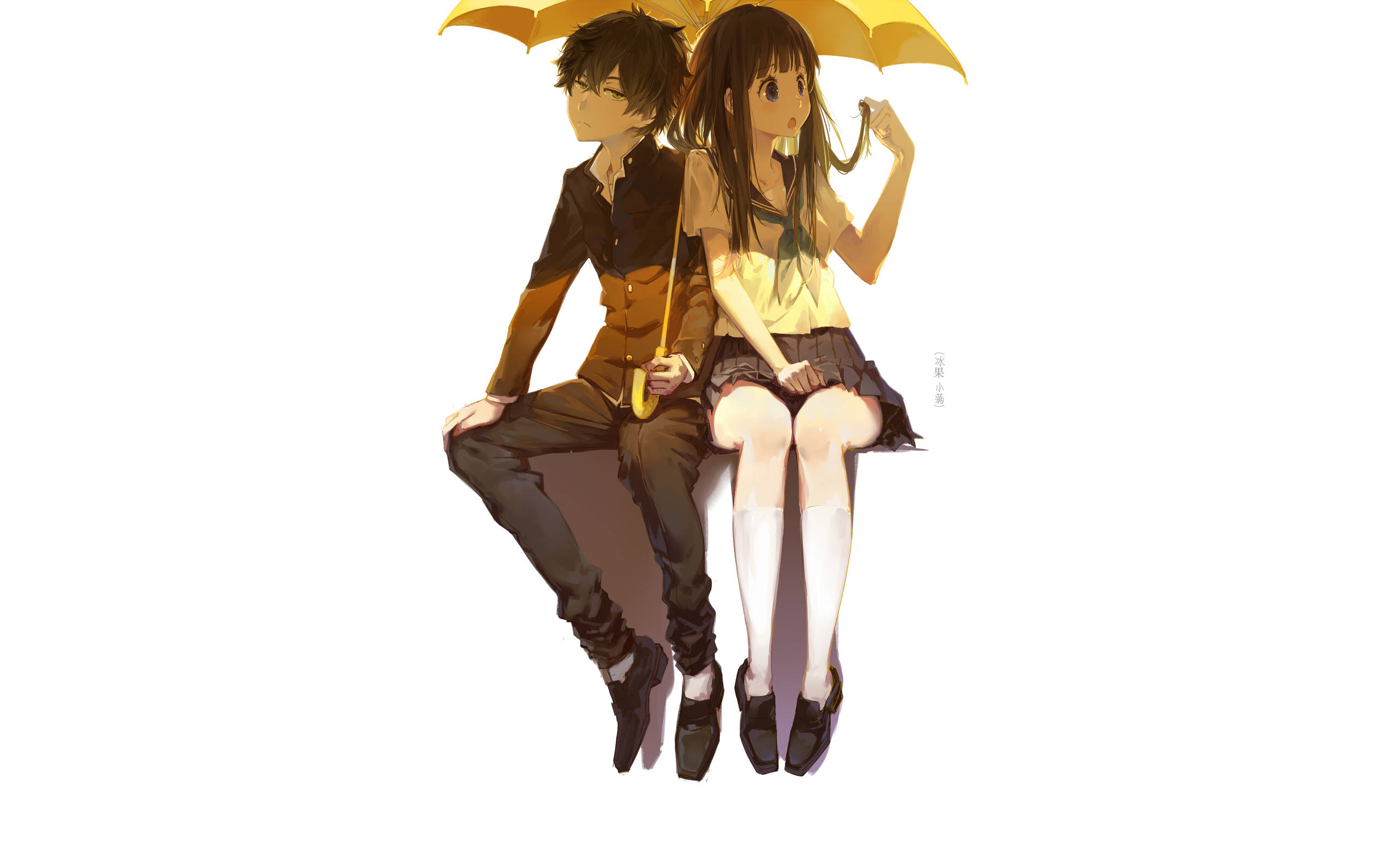 Oreki Houtarou, yellow umbrella, anime couple, 2K Desktop Wallpaper
