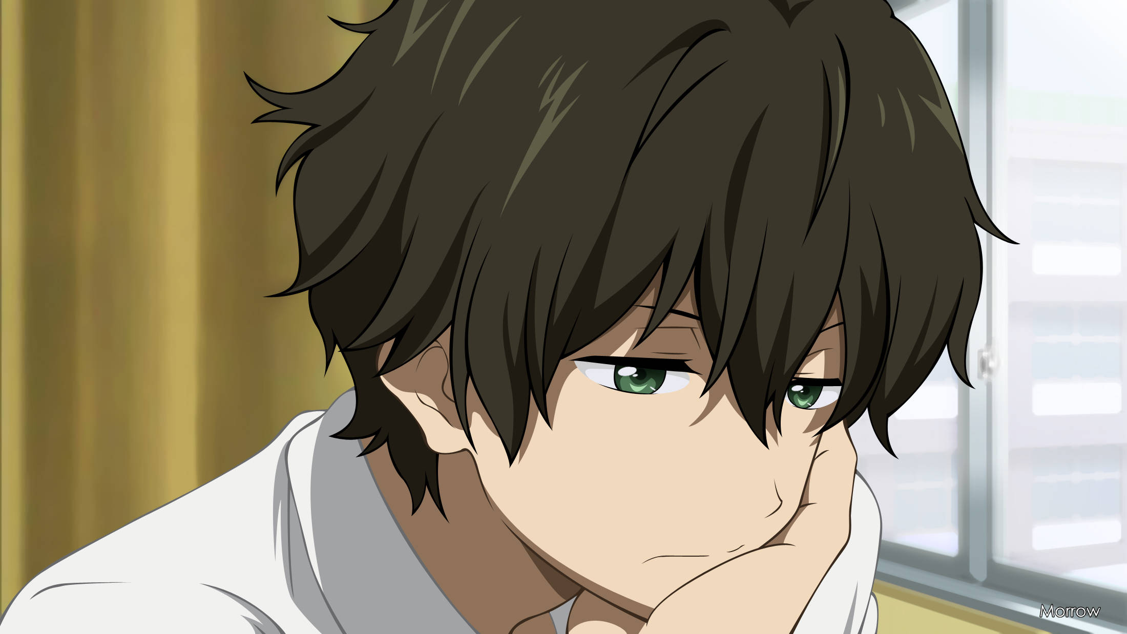 Oreki Houtarou, messy brown hair, green eyes, Full HD Desktop Wallpaper