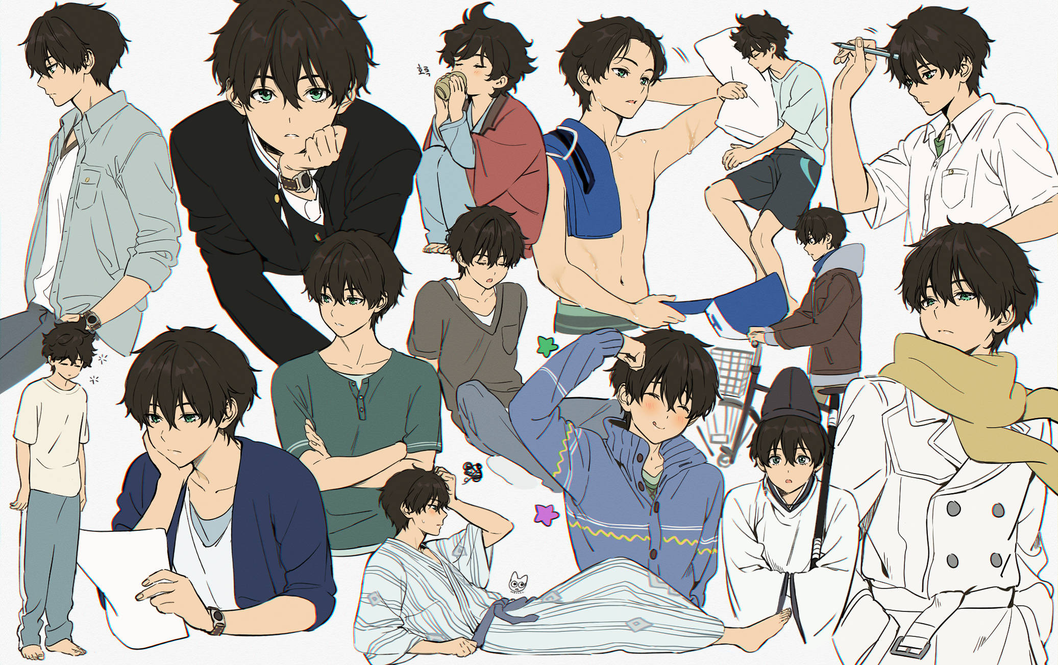 Oreki Houtarou, anime collage, young man, Full HD Desktop Wallpaper