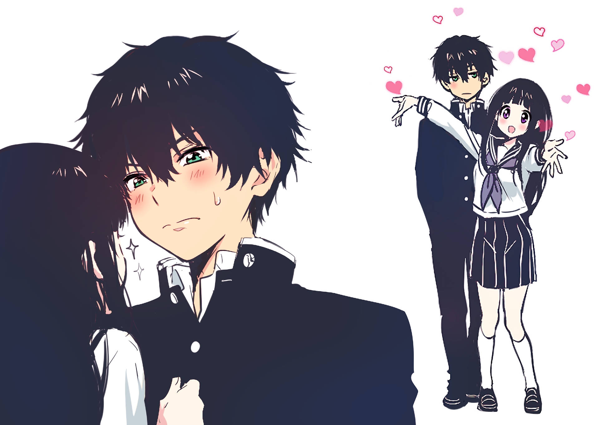 Oreki Houtarou, school uniforms, hearts, Full HD Desktop Wallpaper