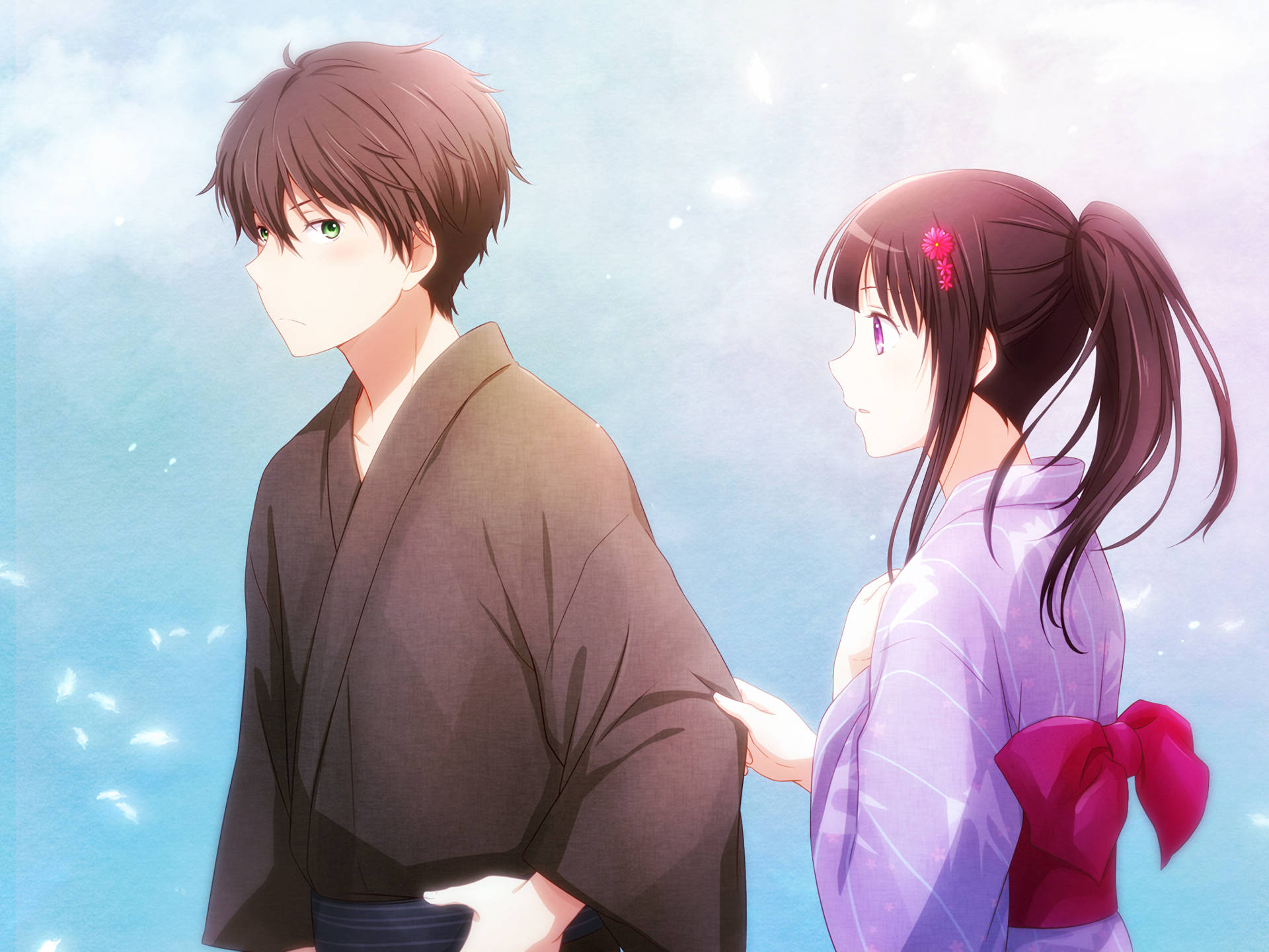Oreki Houtarou, Japanese kimono, soft blue sky, Full HD Desktop Wallpaper