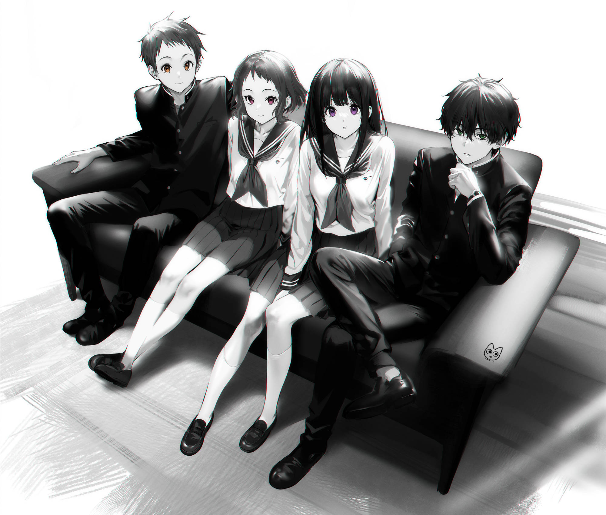 Oreki Houtarou, school uniforms, modern couch, Full HD Desktop Wallpaper