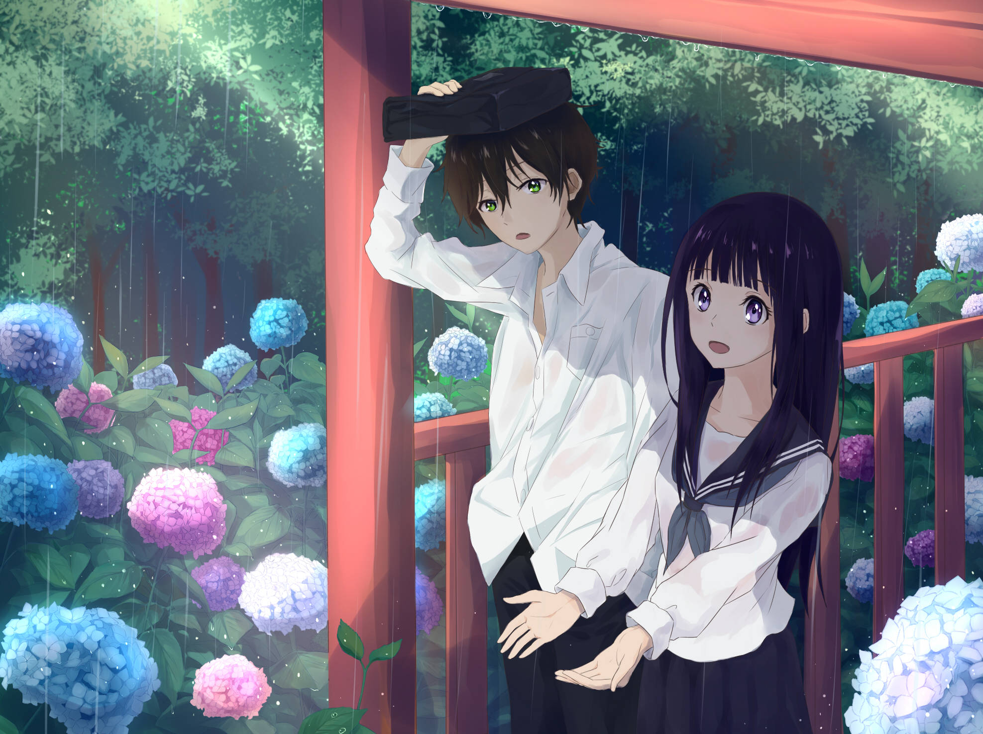 Oreki Houtarou, red veranda, rain, Full HD Desktop Wallpaper