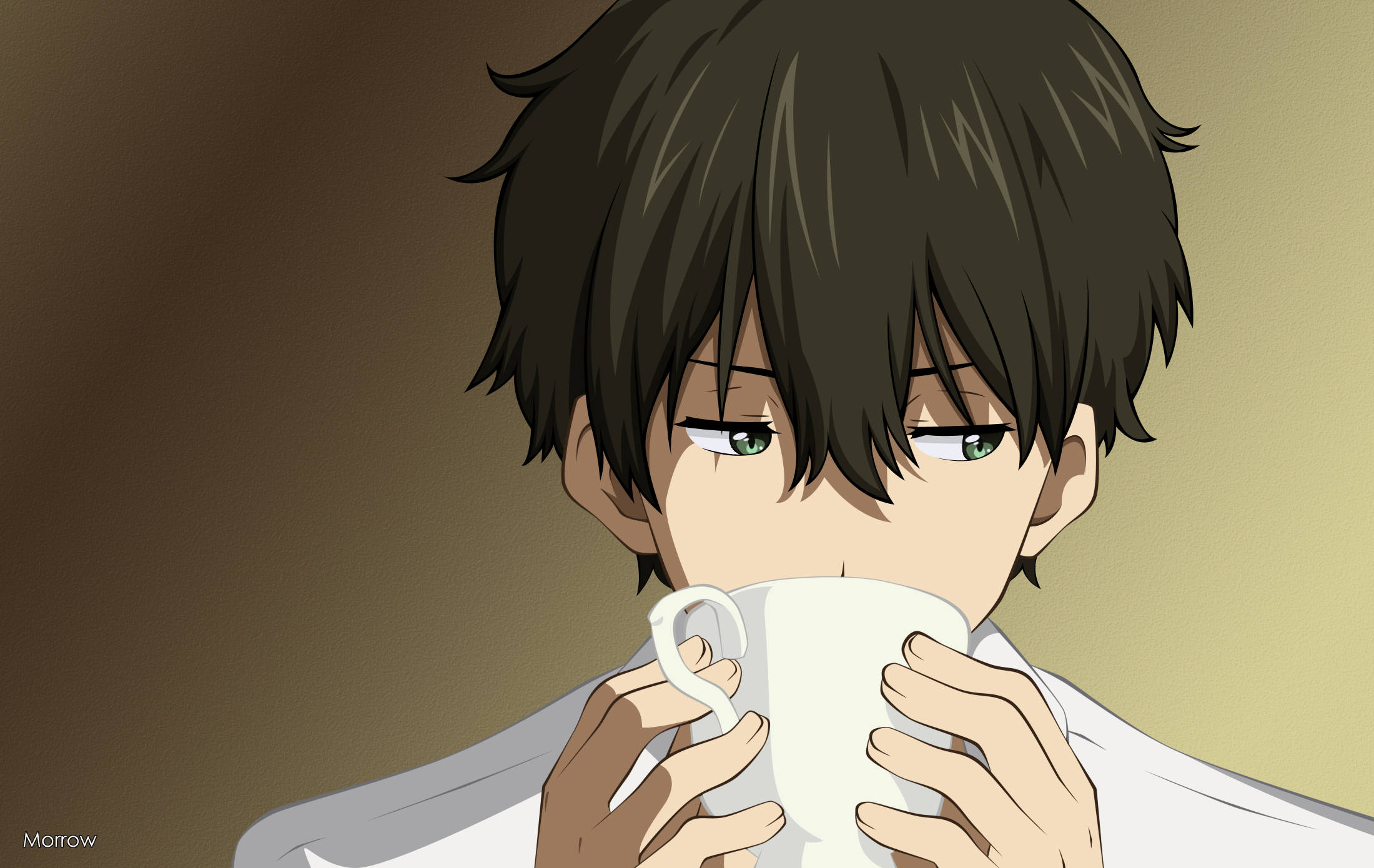 Oreki Houtarou, white mug, warm gradient background, Full HD Desktop Wallpaper