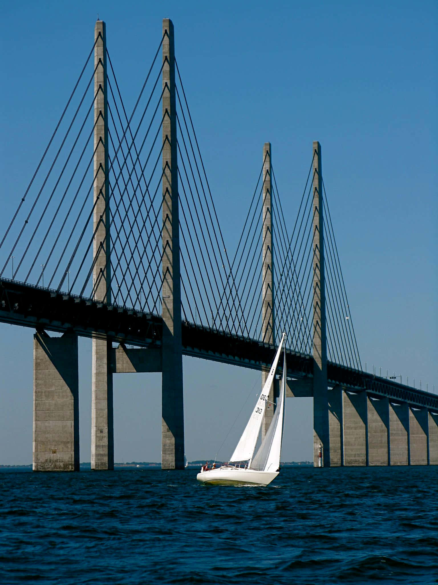Oresund Bridge, white sailboat, clear blue sky, Full HD Phone Wallpaper